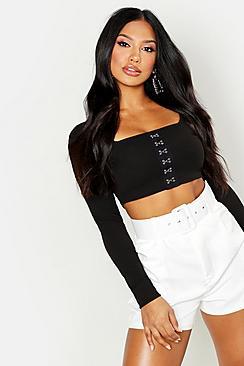 Boohoo Square Neck Crepe Eyelet Detail Crop