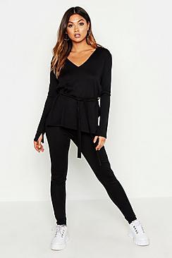 Boohoo V Neck Slouchy Off The Shoulder Belted Knitted Set