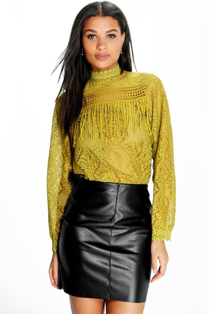 Boohoo Lilly High Neck Lace Tassel Trim Blouse Olive