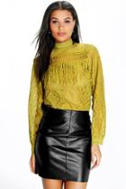 Boohoo Lilly High Neck Lace Tassel Trim Blouse Olive