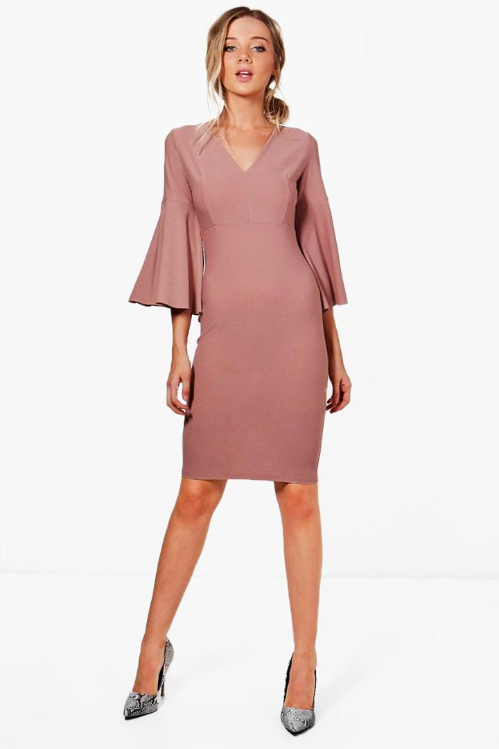 Boohoo Jennifer Flare Sleeve Fitted Midi Dress Rose