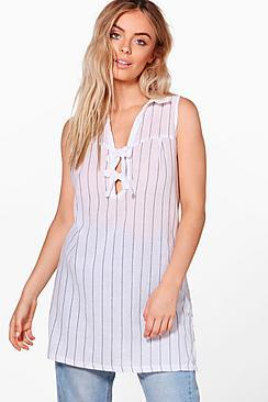 Boohoo Orla Lace Up Sleeveless Stripe Shirt