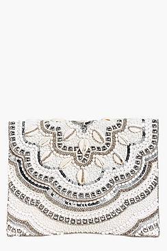 Boohoo Ava Bridal Bead & Shell Scallop Edge Clutch