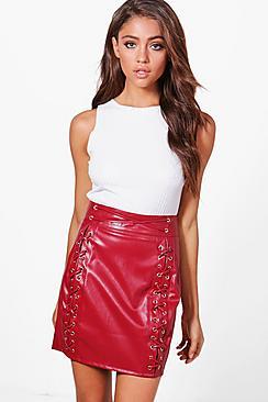 Boohoo Aurelia Leather Look High Waist Lace Up Mini Skirt