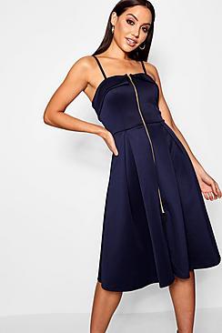 Boohoo Talia Bandeau Zip Front Midi Skater Dress