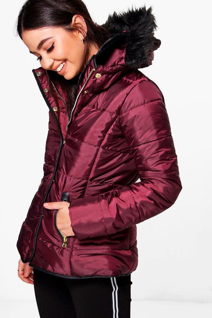 Boohoo Ella Padded Jacket With Detachable Faux Fur Collar Wine