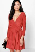 Boohoo Sofia Slinky Peplum Wrap Skater Dress Rust