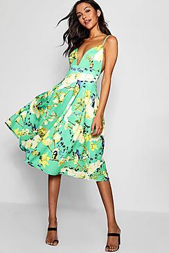 Boohoo Floral Scuba Frill Skirt Midi Skater Dress