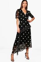 Boohoo Ally Spot Print Ruffle Asymmetric Hem Midi Dress