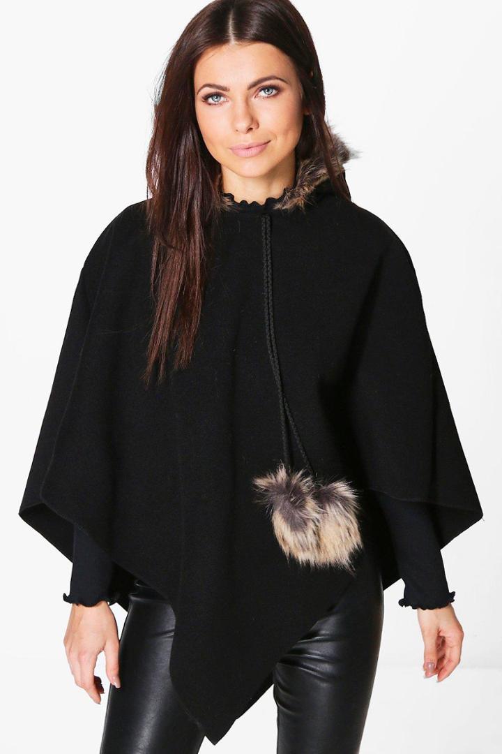 Boohoo Erin Faux Fur Trim Cape Black