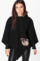 Boohoo Erin Faux Fur Trim Cape Black