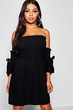 Boohoo Petite Shirred Detail Tie Sleeve Skater Dress