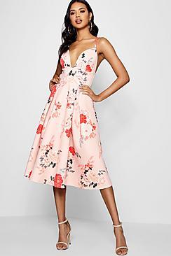 Boohoo Nia Floral Scuba Frill Skirt Midi Skater Dress