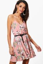 Boohoo Cammi Floral Wrap Skater Dress Nude