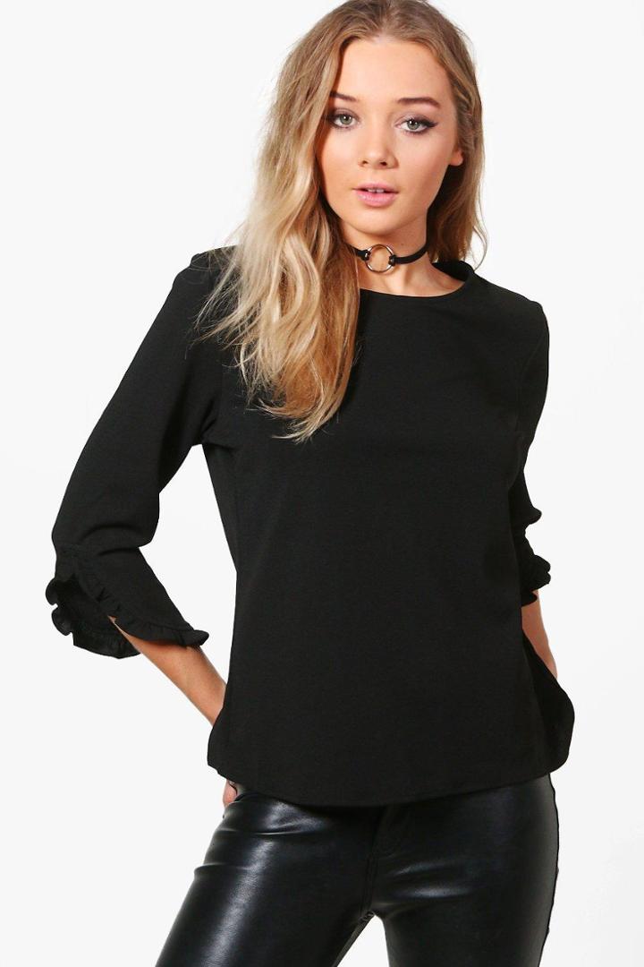 Boohoo Bella Frill Sleeve Hen T-shirt Black