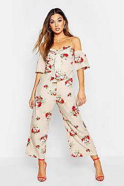 Boohoo Floral Off The Shoulder Wide Leg Jumpsuit
