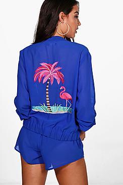 Boohoo Lola Boutique Embroidered Flamingo Beach Bomber Set