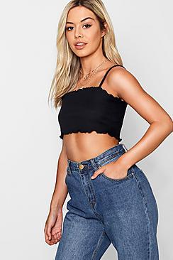 Boohoo Petite Rachel Lettuce Hem Square Neck Rib Crop Top