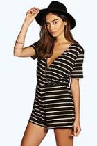 Boohoo Mia Wrap Front Cappped Sleeve Striped Playsuit