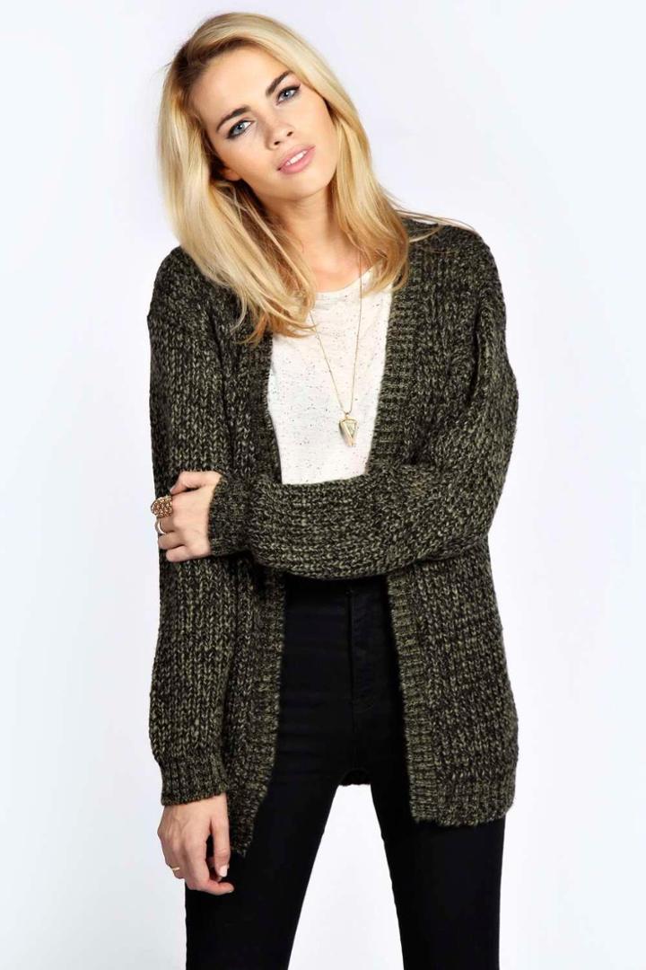 Boohoo Isadora Edge To Edge Grungy Marl Knit Cardigan Khaki
