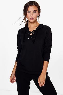 Boohoo Petite Frances Lace Up Hooded Sweat