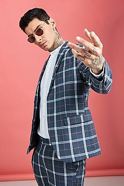 Boohoo Blue Bold Check Skinny Fit Suit Jacket