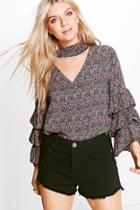 Boohoo Maisie Tiered Sleeve Printed Blouse Black