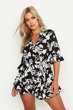 Boohoo Plus Floral Print Ruffle Tie Playsuit