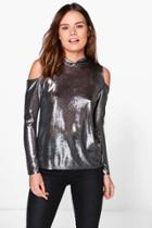 Boohoo Eleanor Metallic Knit Cold Shoulder Hoody Pewter