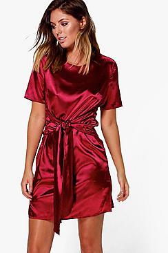 Boohoo Orlagh Oversized Tie Waist Satin Shift Dress