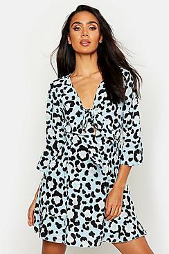 Boohoo Tie Front Leopard Tea Dress