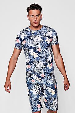 Boohoo Floral Palm Print Muscle Fit Curved Hem Co-ord T-shirt