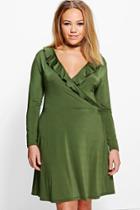 Boohoo Plus Hollie Slinky Ruffle Front Skater Dress Khaki