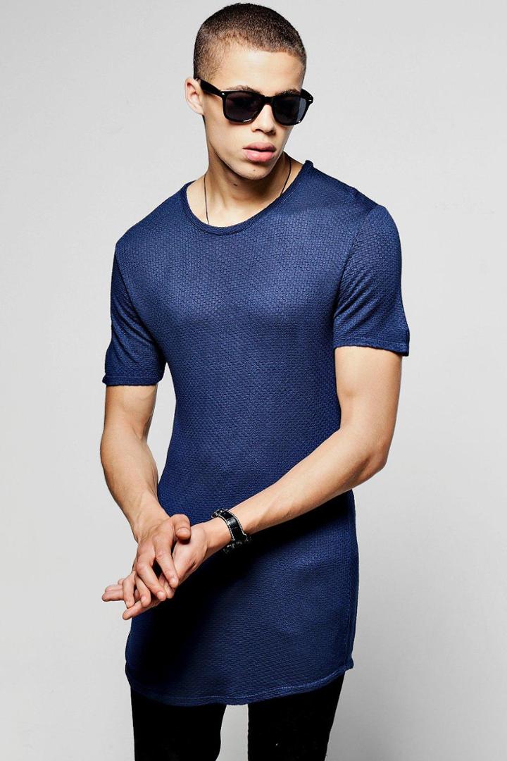 Boohoo Longline Scoop Hem Waffle Knit T-shirt Navy