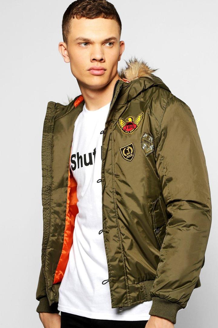 Boohoo Fur Hooded Badged Ma1 Bomber Khaki