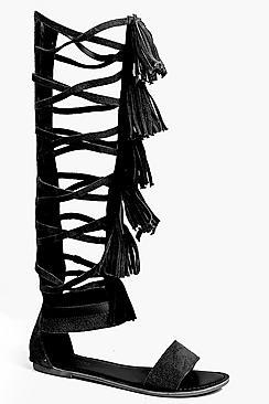 Boohoo Boutique Amy Knee High Suede Fringe Gladiator