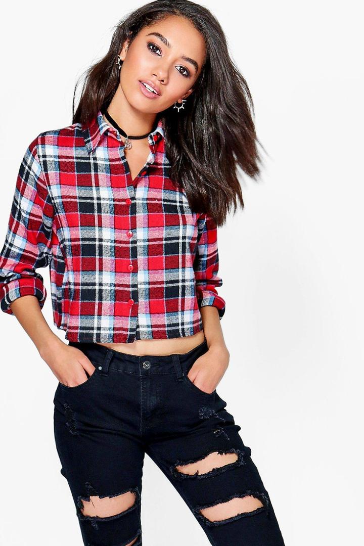 Boohoo Petite Harriet Cropped Flannel Shirt Navy
