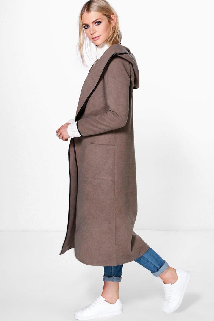 Boohoo Niamh Hooded Wool Look Coat With Pu Trim Mocha
