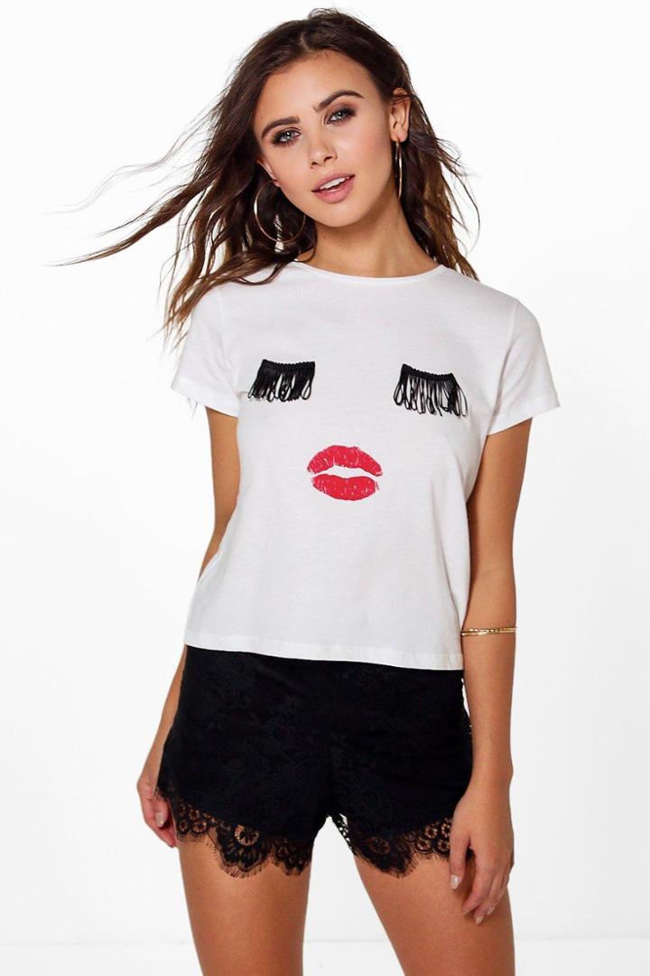 Boohoo Petite Niamh Applique Pout Crop Tee Multi