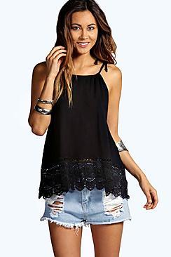 Boohoo Katherine Halter Crochet Trim Top