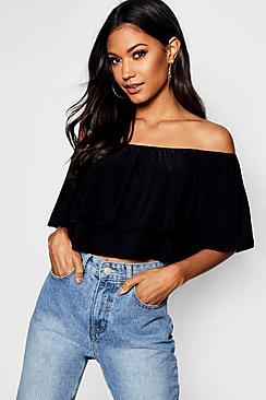 Boohoo Slinky Double Layer Off The Shoulder Crop