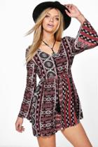 Boohoo Lisa Open Back Tassle Print Smock Dress Chestnut