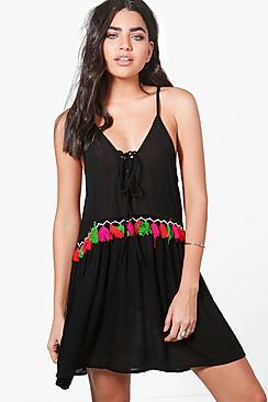 Boohoo Rebecca Tassel Tie Up Beach Dress