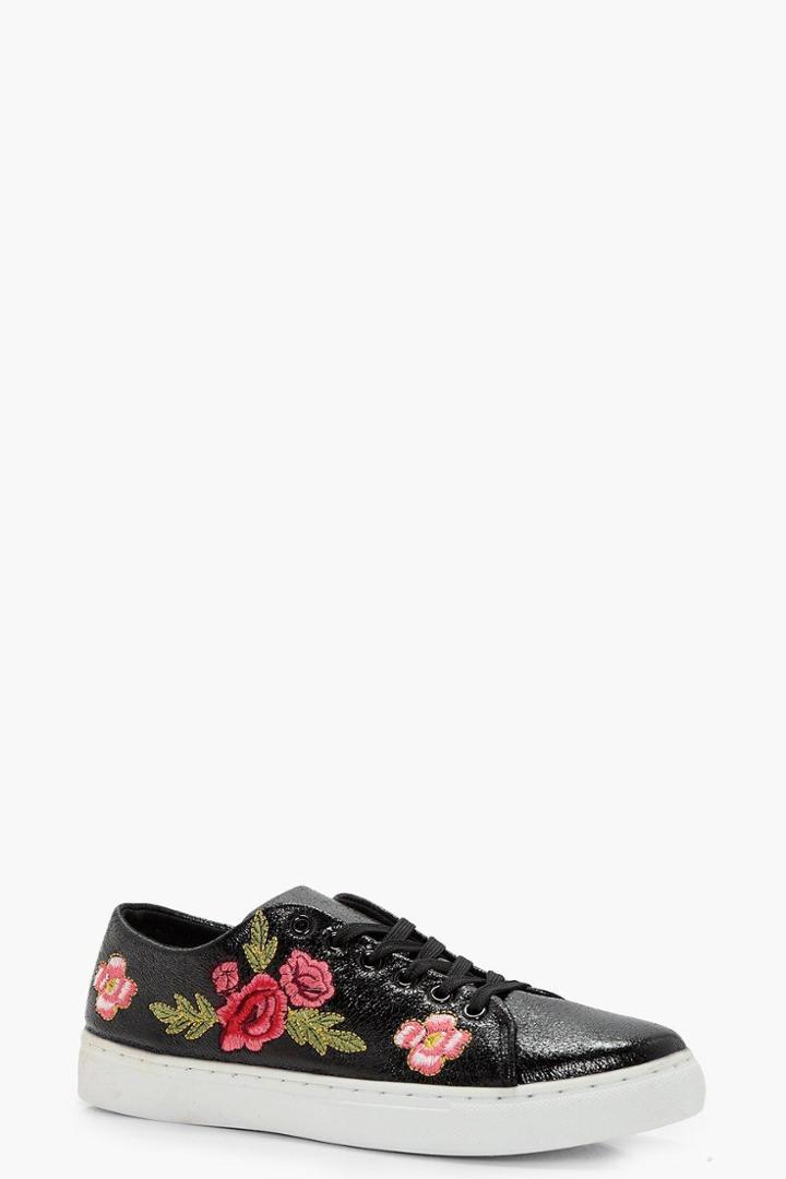 Boohoo Lola Floral Embroidered Trainer Black