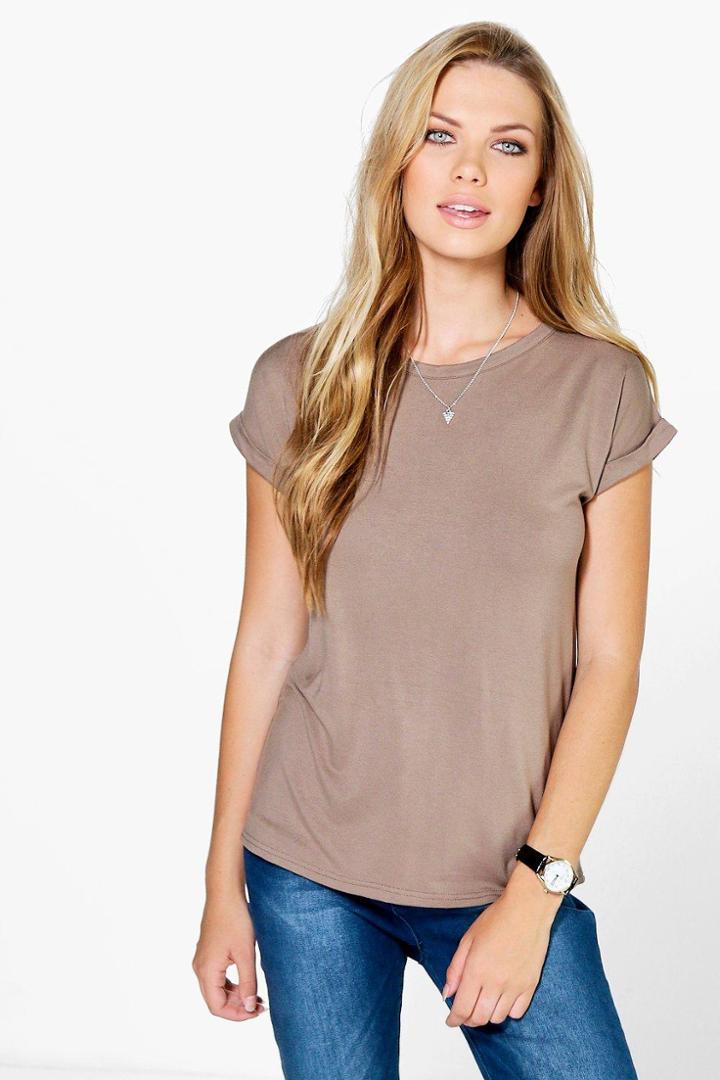 Boohoo Emma Boxy Turn Cuff T-shirt Mocha