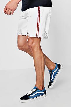 Boohoo Distressed Bermuda Denim Shorts With Side Tape
