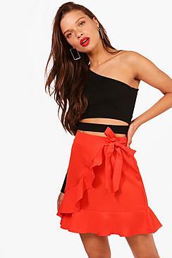 Boohoo Kayla Ruffle Front Tie Waist Woven Mini Skirt