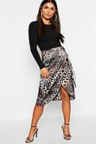 Boohoo Leopard Print Satin Wrap Split Midi Skirt