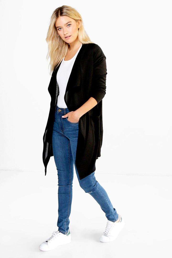 Boohoo Evie Midi Length Waterfall Cardigan Black