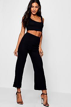 Boohoo Ribbed Lettuce Hem Top Trouser Co-ord Set
